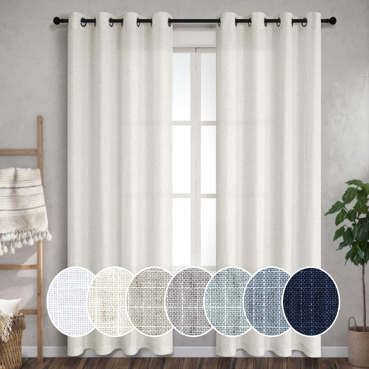 Pitalk Linen Grommet Curtains For Living Room 80 Inch Length Set Of 2 Panels Semi Sheer Boho Farmhouse Neutral Cream Curtain Dra
