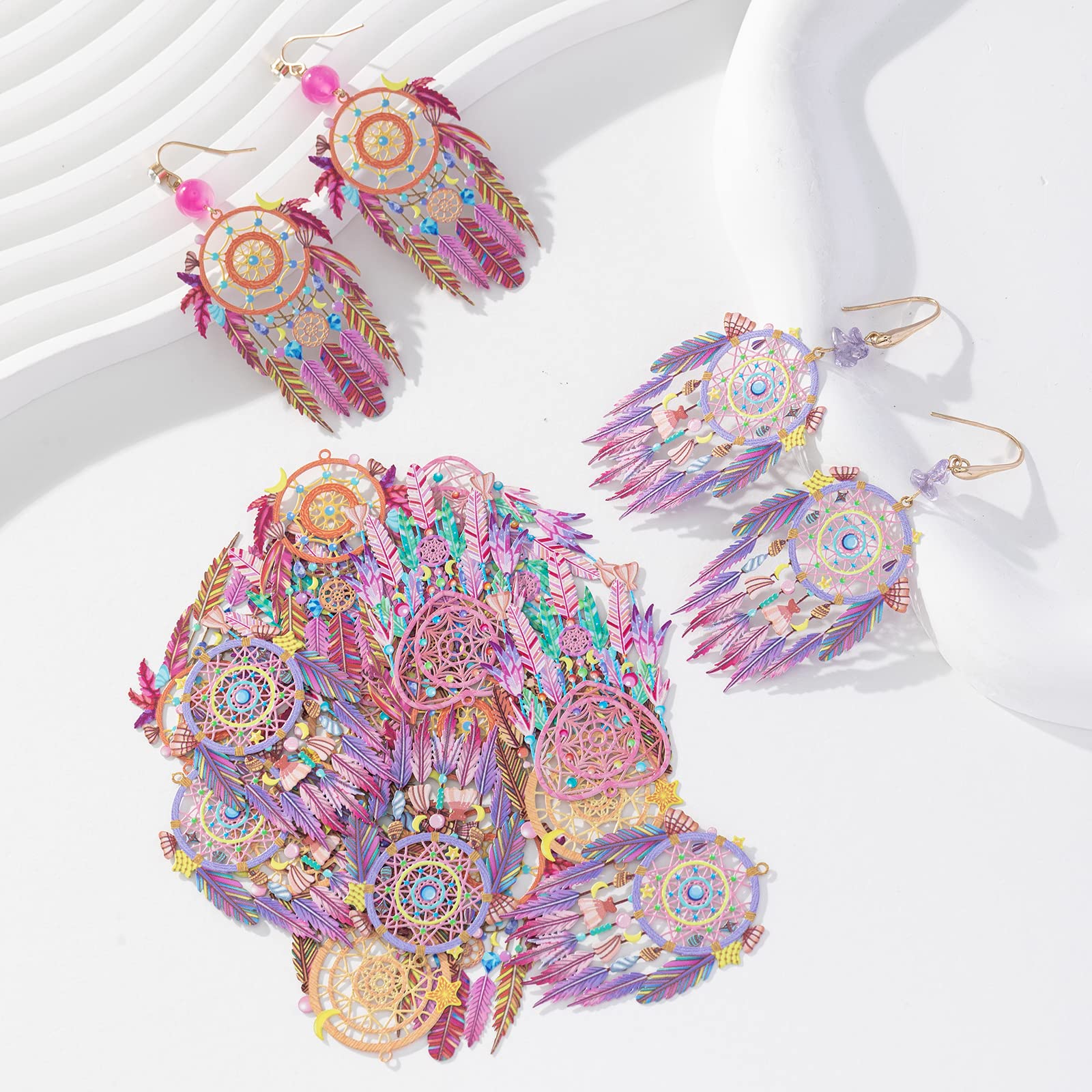 Coligree 16Pcs Colorful Dreamcatcher Charms Multicolor Hollow Dream Catcher Filigree Pendants For Earrings Jewelry Bookmark Hang