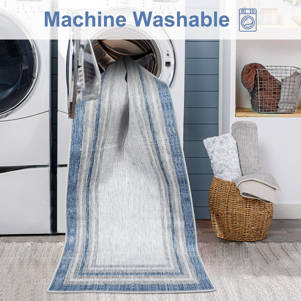 Beeiva Bordered Long Hallway Runner Rug, 2X8 Blue Modern Kitchen Runner Rugs Non Skid Washable, Printed Rug Runners For Hallways