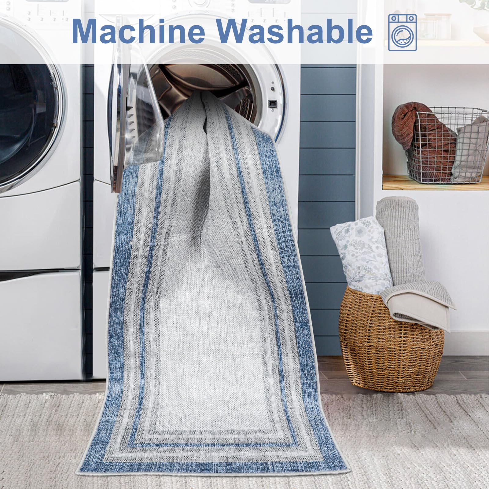 Beeiva Bordered Long Hallway Runner Rug, 2X8 Blue Modern Kitchen Runner Rugs Non Skid Washable, Printed Rug Runners For Hallways