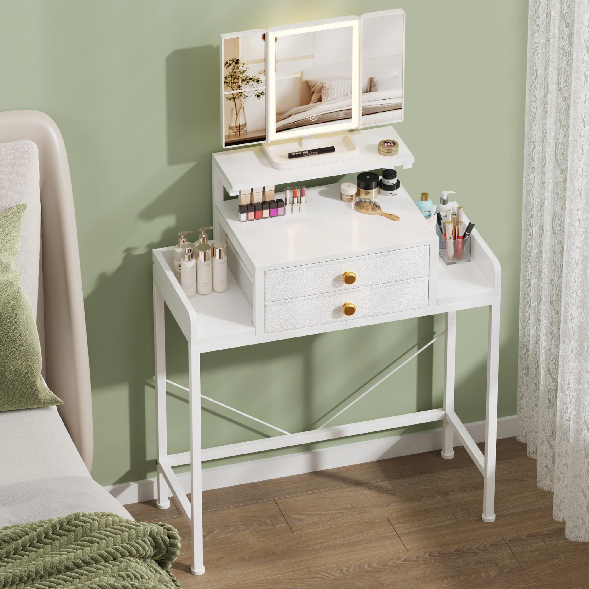 HIGDBFE Vanity Desk with Mirror and Lights, 28.4 W Small Makeup Vanity Table with Height-Adjustable Stand, 2 Fabric Drawers Com