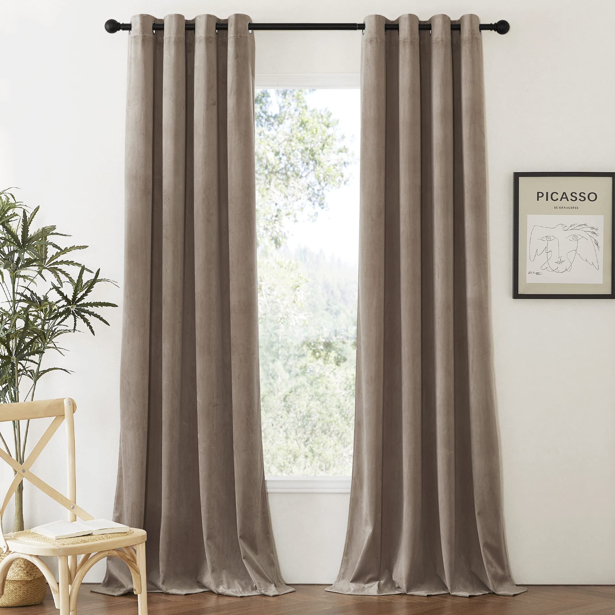 Ryb Home Taupe Velvet Curtains 108 Inch Length, Room Darkening Privacy Velvet Drapes Thermal Insulated Noise Reducing Backdrop E