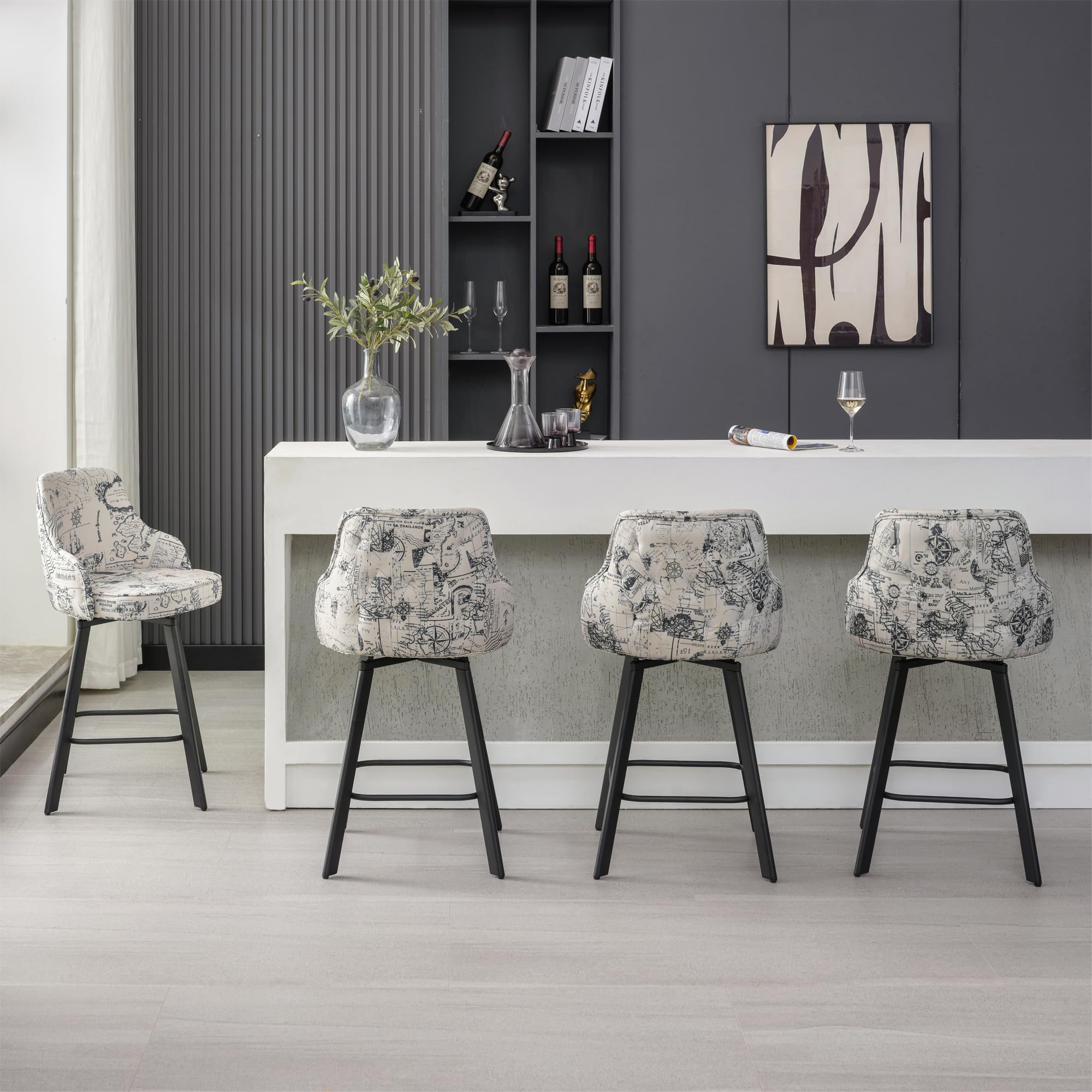 FIRAVOE Bar Stools Set of 4, 26 Swivel Counter Height Bar Stools with High Back, Linen Kitchen Barstools Counter Height for Kitc