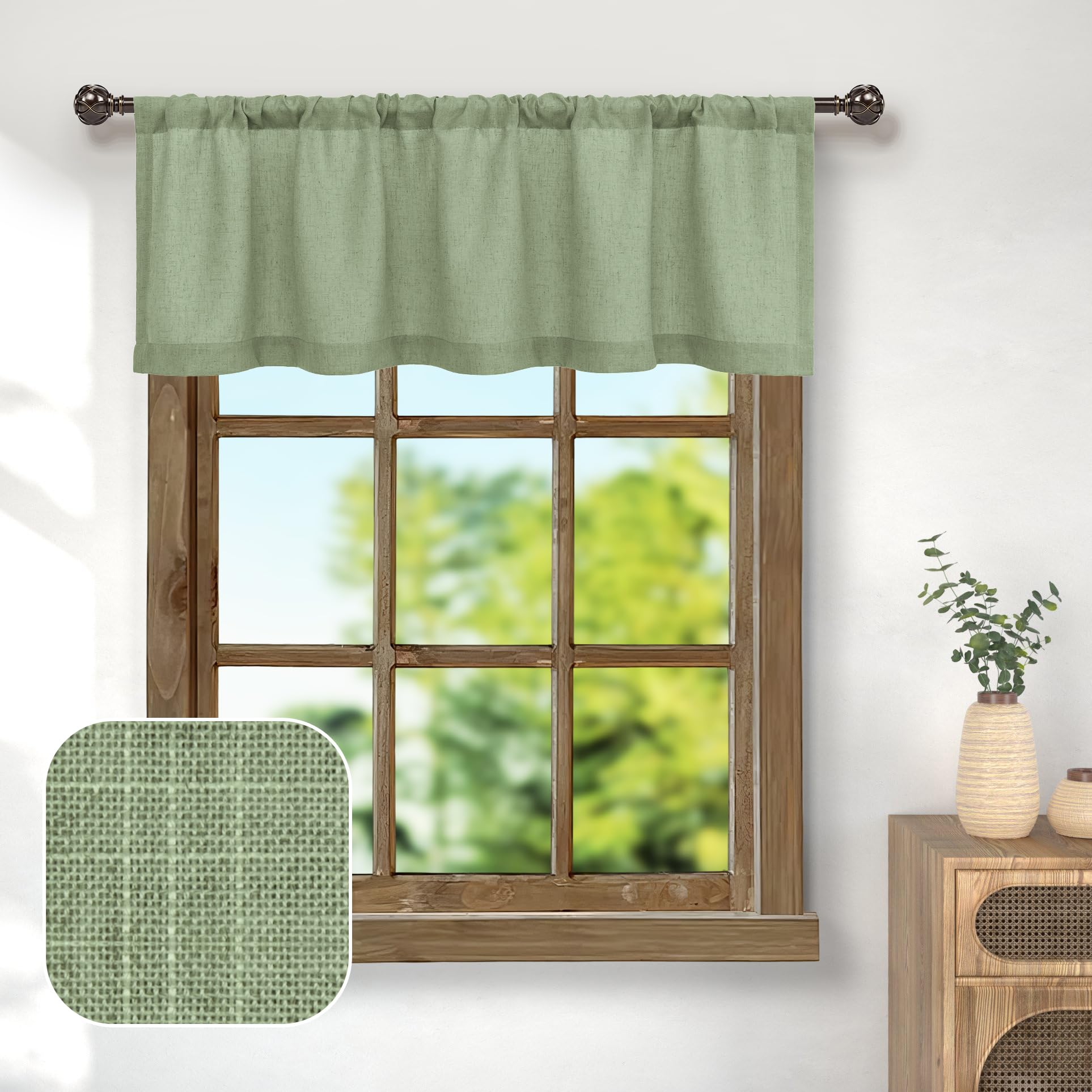 Pitalk Sage Green Linen Window Valance for Kitchen 3 Inch Rod Pocket Semi Sheer Boho Rustic Farmhouse Filtering Light Sage Valan