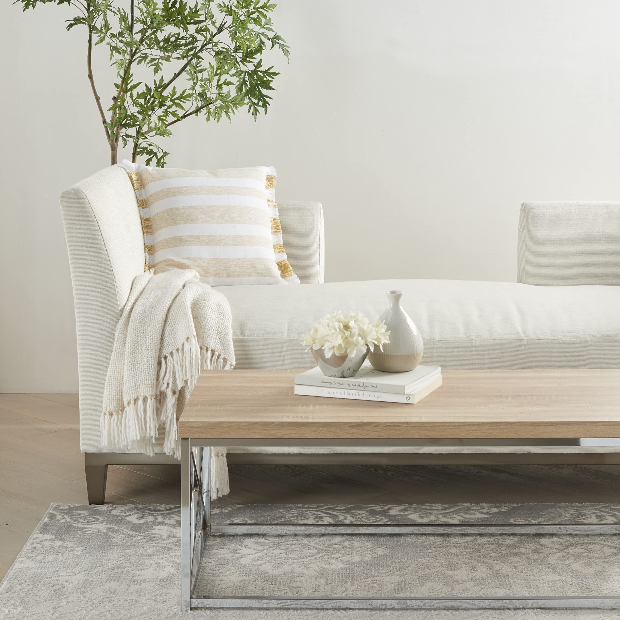 HomeRoots 100% Cotton Yellow and White Soft Stripes Throw Pillow