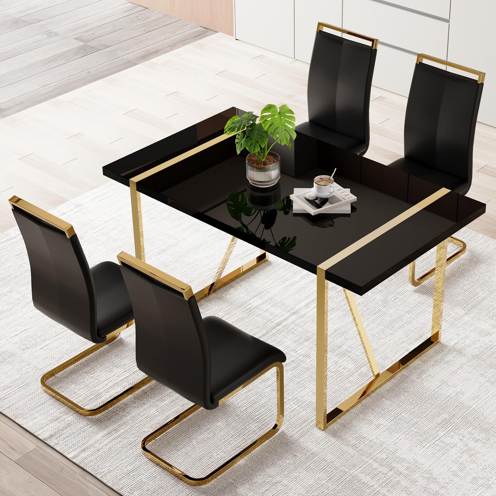 Ebullient Dining Table Set For 4,Black Rectangular Mdf Dining Table And Pu Leather Dining Chairs, 5 Piece Dining Table Set,Moder