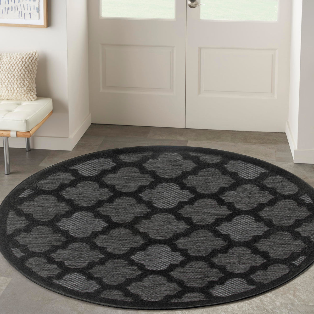 Nourison Easy Care Indoor/Outdoor Charcoal Black 4' X Round Area Rug, Easy Cleaning, Non Shedding, Bed Room, Living Room, Dining Room, Backyard, Deck, Patio (4 Round)