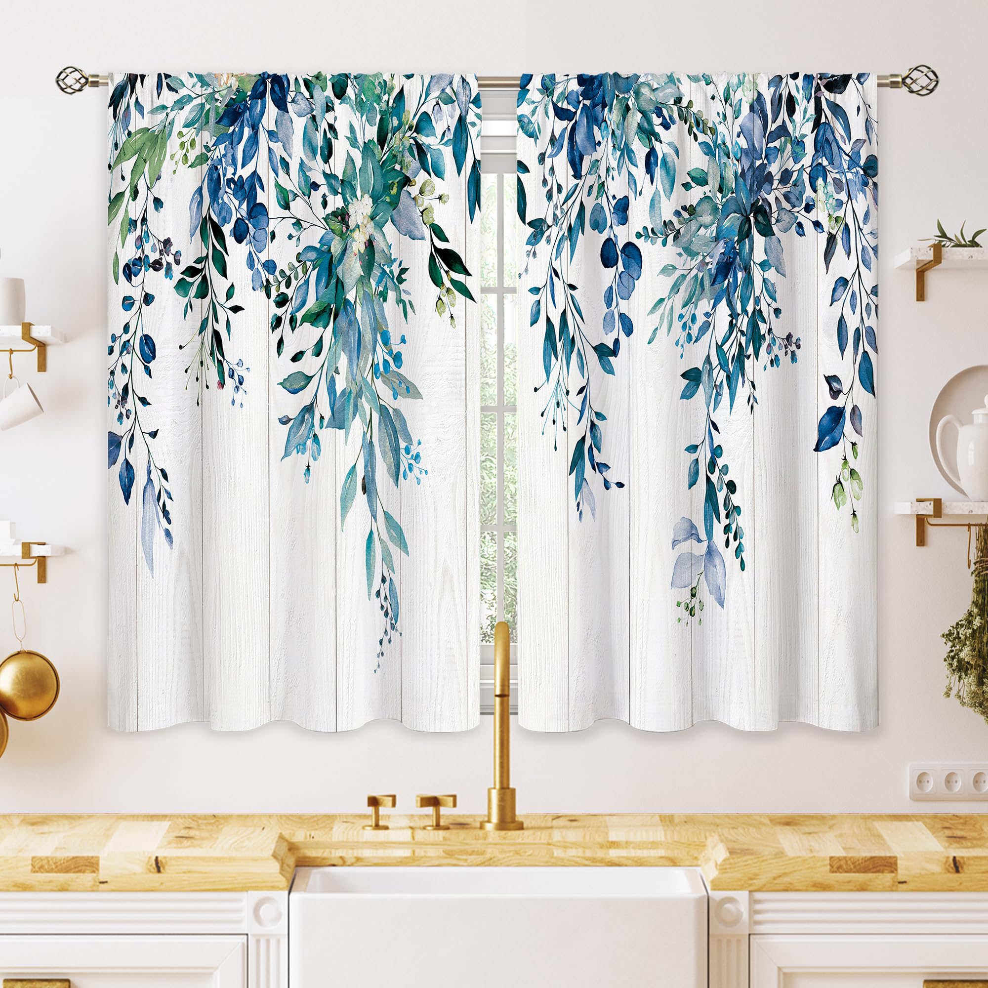 Oolygoo Farmhouse Teal Eucalyptus Small Kitchen Curtains Blue Leaves Window Treatment Turquoise Wooden Cafe Short Curtains For B