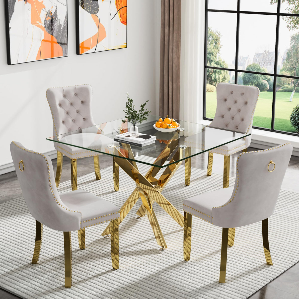 Kuvadaz 36' Modern Gold Glass Dining Room Table Set For 4, 5-Piece Square Kitchen Dining Table Set With Cross Metal Legs And 4