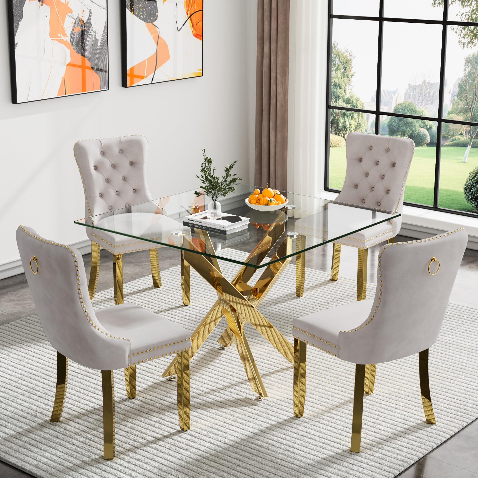 Kuvadaz 36' Modern Gold Glass Dining Room Table Set For 4, 5-Piece Square Kitchen Dining Table Set With Cross Metal Legs And 4