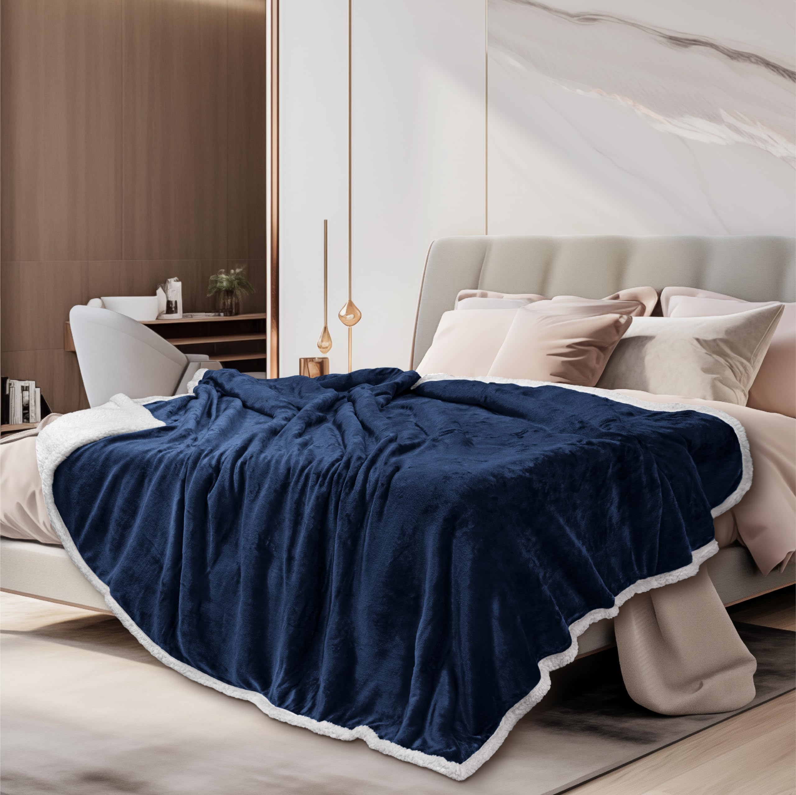 Pavilia Navy Blue Sherpa Fleece Throw Blanket For Couch Twin, Soft Thick Bed Blanket Sofa, Cozy Warm Throw Blanket All Season, F