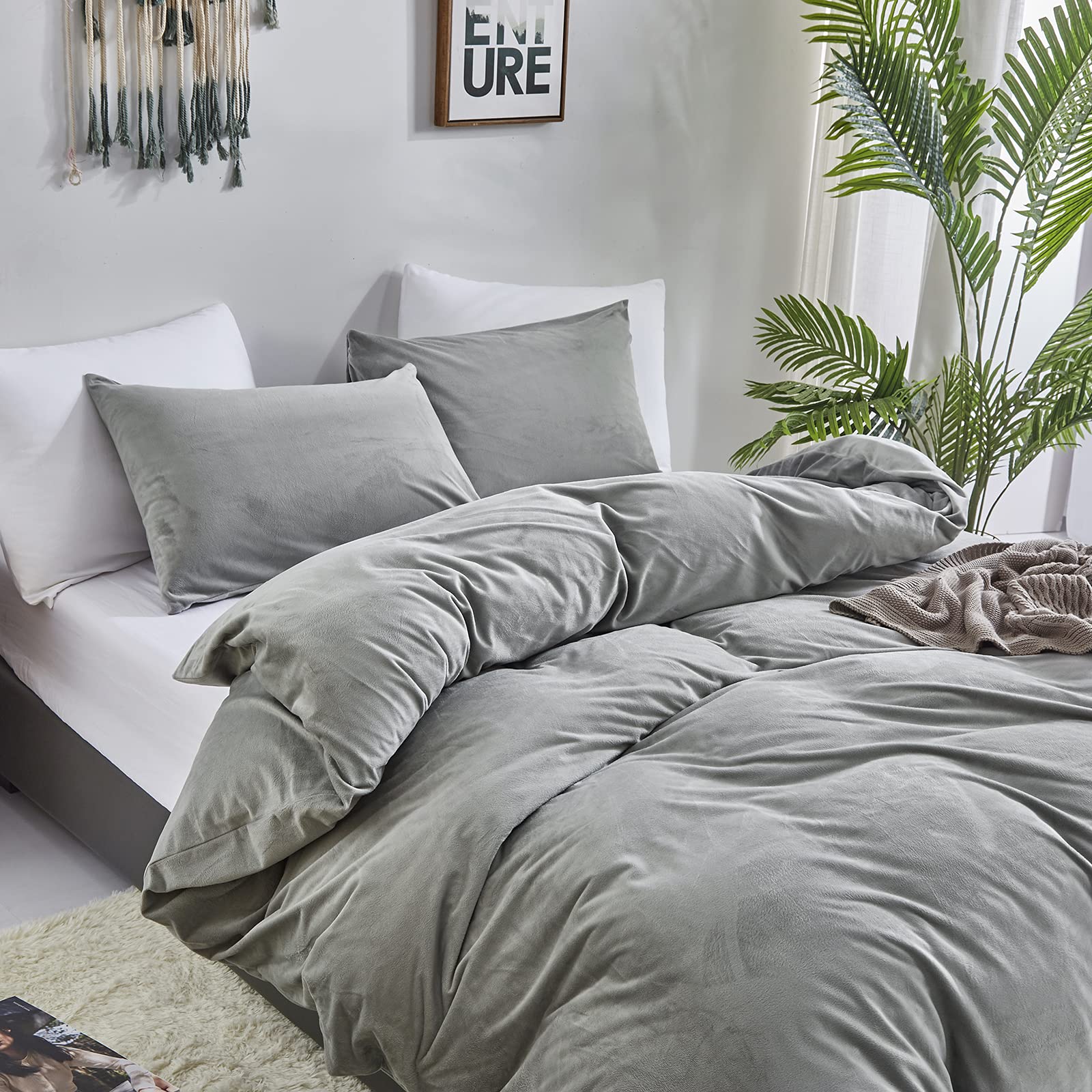 Luxlovery Grey Velvet Comforter Set Full Plush Fluffy Bedding Comforter Set Full Gray Winter Thick Warm Flannel Solid Grey Sherp
