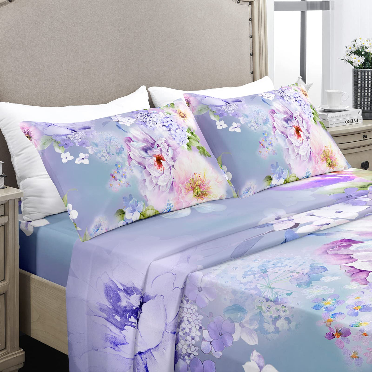 Yiyea Floral Twin Sheets Set - 1800 Thread Count Brushed Microfiber Floral Sheets For Twin Size Bed - Extra Soft, Deep Pocket, S