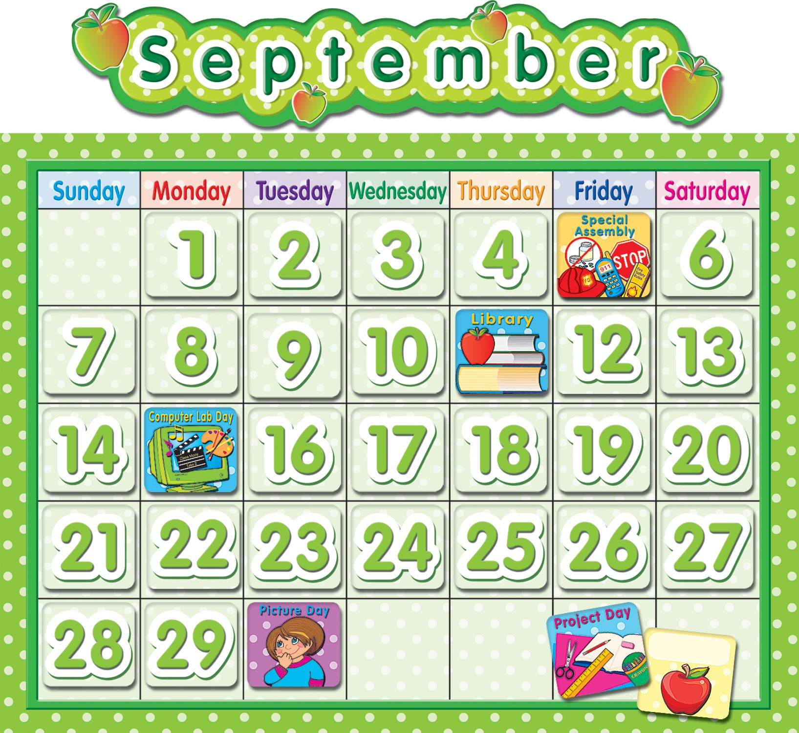 Teacher Created Resources Tcr4188 Polka Dot School Calendar Bulletin Board Set, Paper, Multi