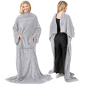 Pavilia Light Grey Fleece Wearable Blanket With Sleeves For Adults Women Men, Soft Warm Full Body Wrap Throw, Sweatshirt Pocket,