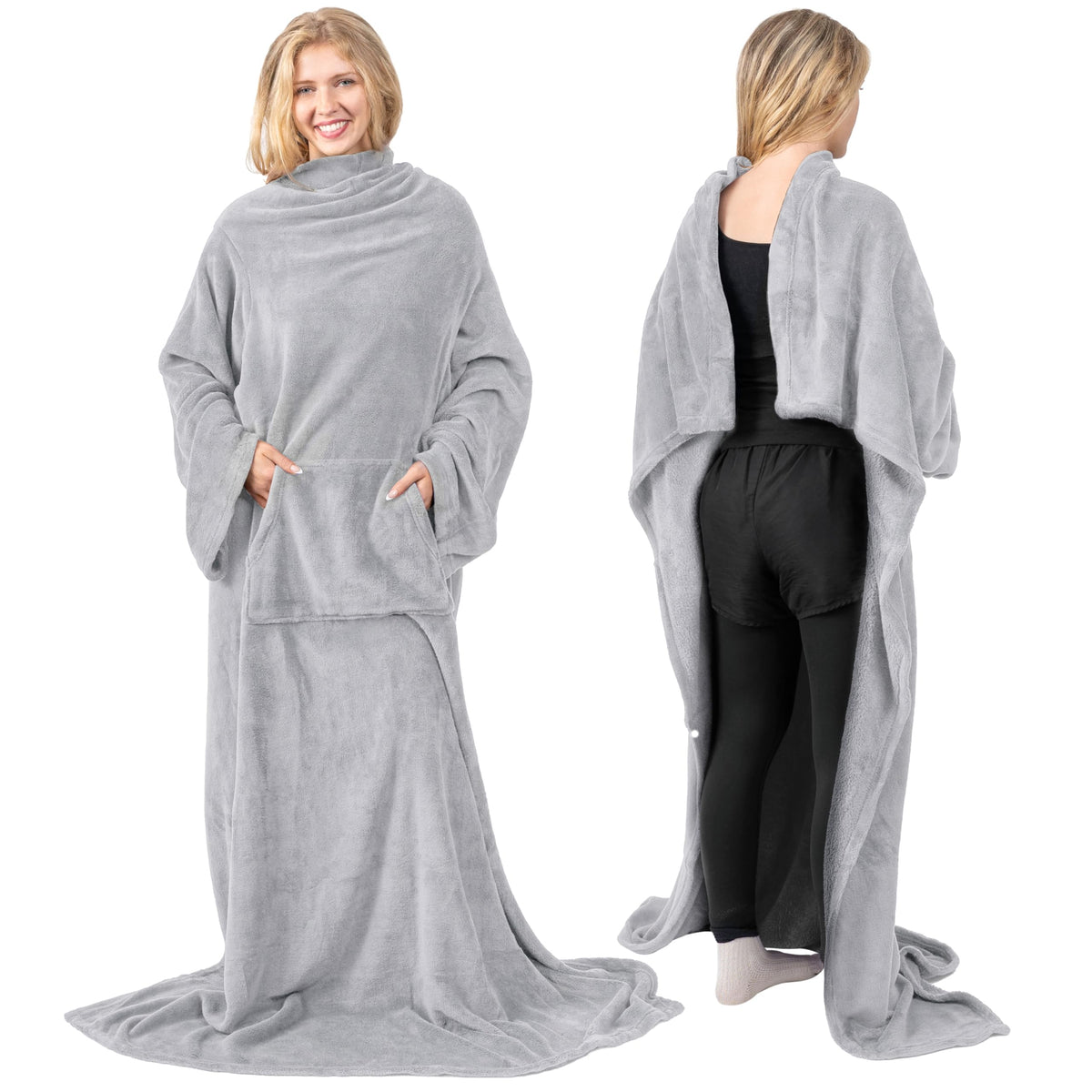 Pavilia Light Grey Fleece Wearable Blanket With Sleeves For Adults Women Men, Soft Warm Full Body Wrap Throw, Sweatshirt Pocket,