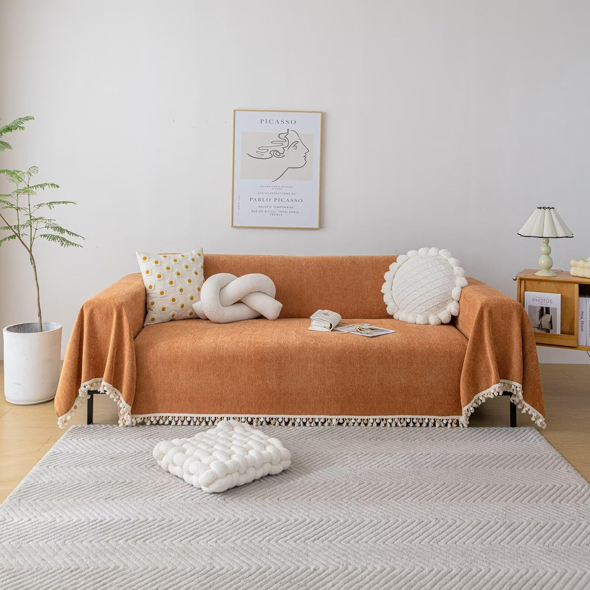 VClife Pumpkin Sofa Cover Pet Friendly Breathable Chenille Couch Cover for 3 Cushion Couch Modern Ball Tassel Fringe Design Sofa