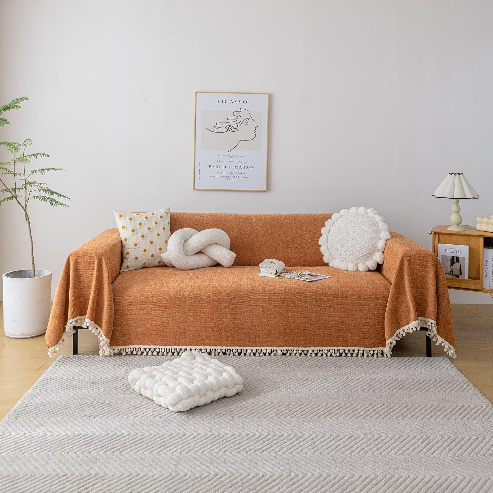 Vclife Chenille Pumpkin Sofa Cover Modern Ball Tassel Fringe Couch Cover For 2-3 Cushion Couch Sofa Pet Friendly Non Slip Dog Ca