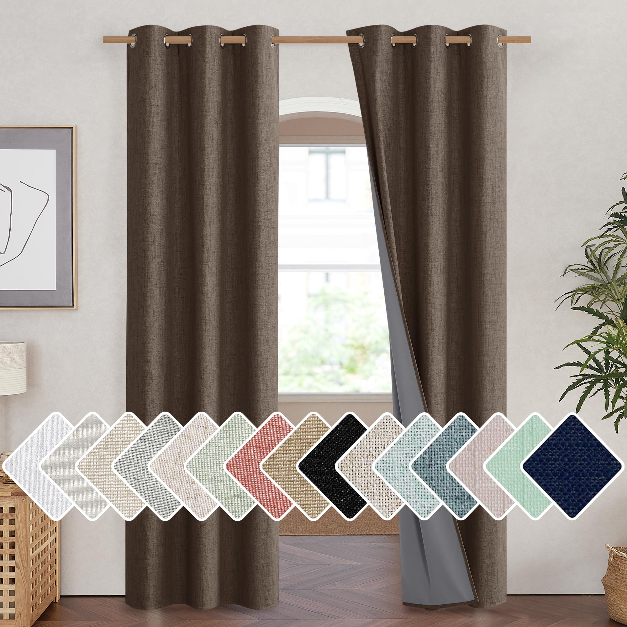 NICETOWN Coffee Vintage Linen 100% Blackout Curtains for Living Room, Thermal Insulated Curtains 84 Long, Noise Reducing Window 