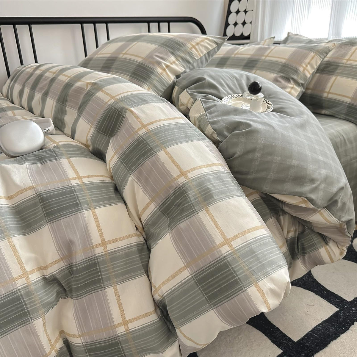 VM VOUGEMARKET Plaid Bedding Set King 100% Cotton Green Grid Duvet Cover Set,Modern Men Boy's Comforter Cover with Zipper Closur
