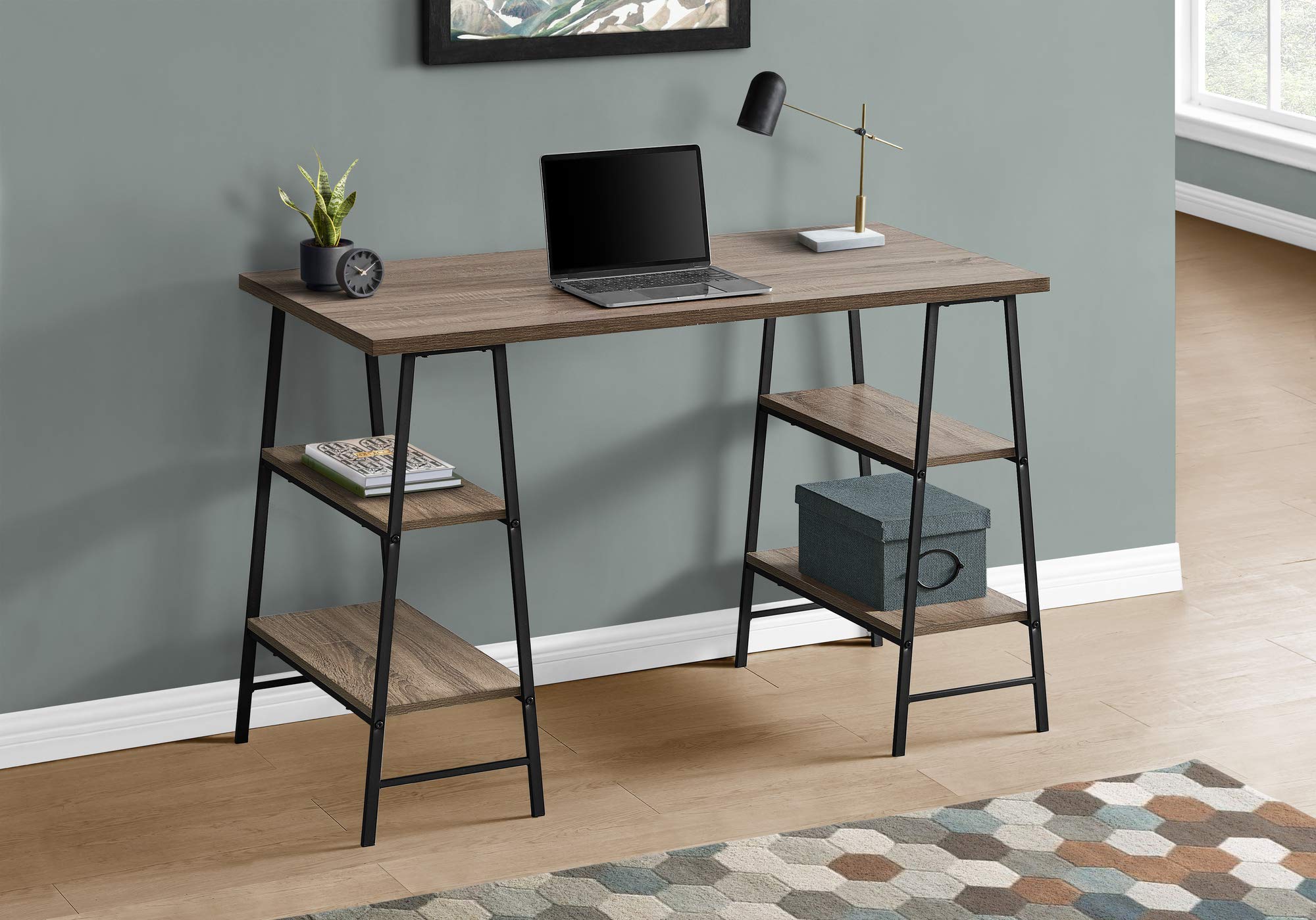 Monarch Specialties I 7523 Computer Desk, Home Office, Laptop, Storage Shelves, 48&quot; L, Work, Metal, Laminate, Brown, Black, Contemporary, Modern