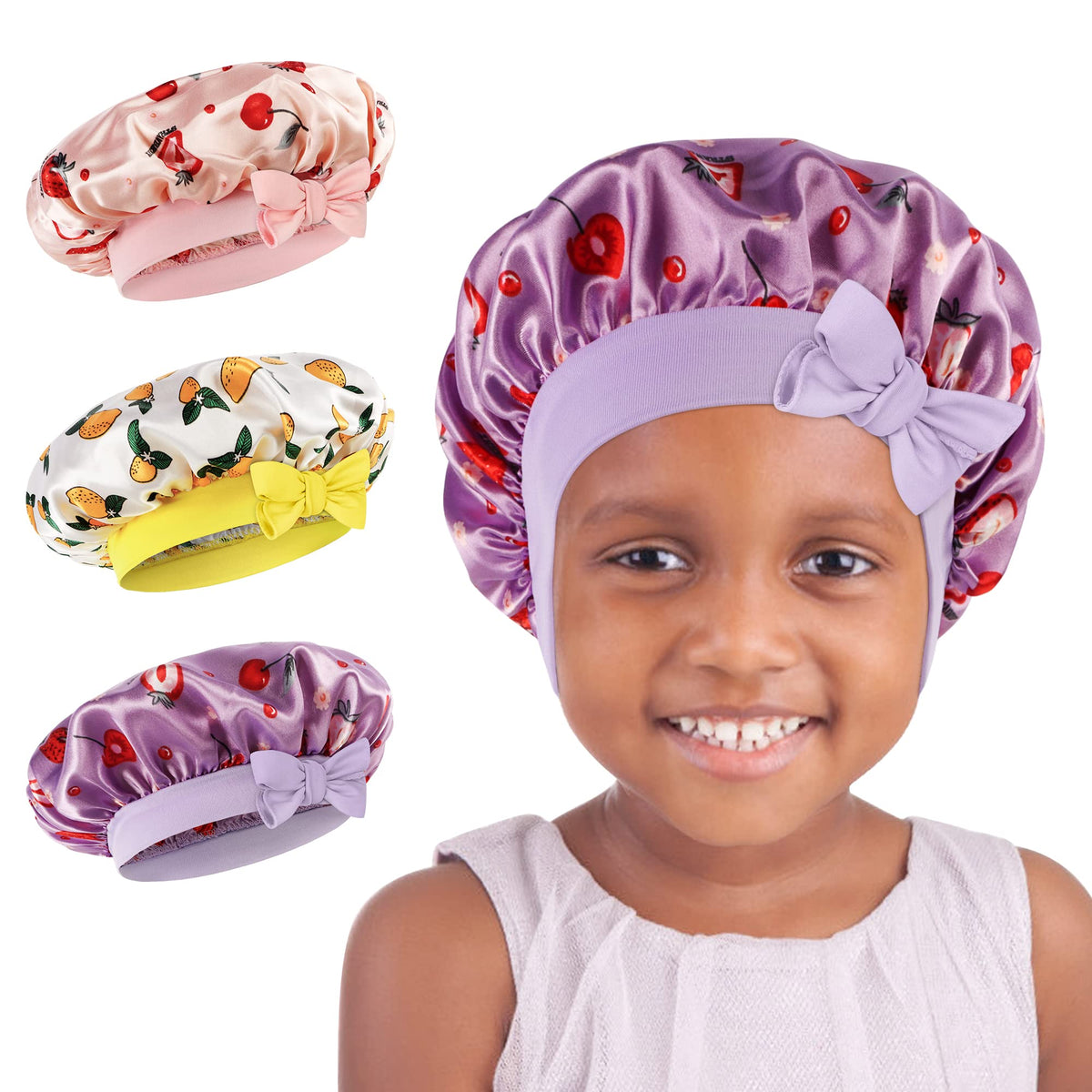 Kids Satin Sleeping Cap - Childs Sleep Bonnet for Curly Hair Wrap with Adjustable Soft for Children Girls 3 Packs