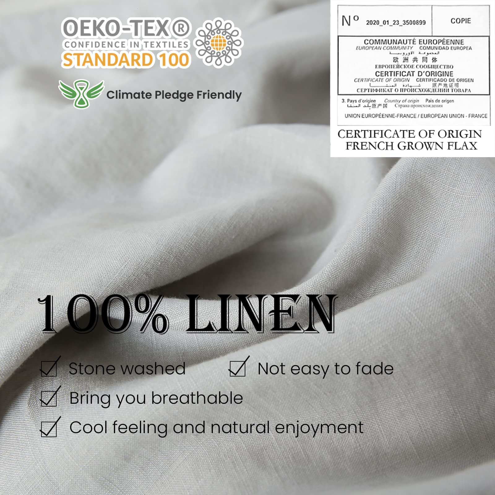 Simple&Opulence 100% Linen Duvet Cover Set With Embroidery Border Washed - 3 Pieces (1 Duvet Cover With 2 Pillow Shams) With Button Closure Soft Breathable Farmhouse - Light Grey, Full Size