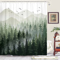 Accnicc Extra Long Green Misty Forest Shower Curtain Set Ombre Sage Green White Waterproof Fabric Shower Curtains Nature Tree Mo