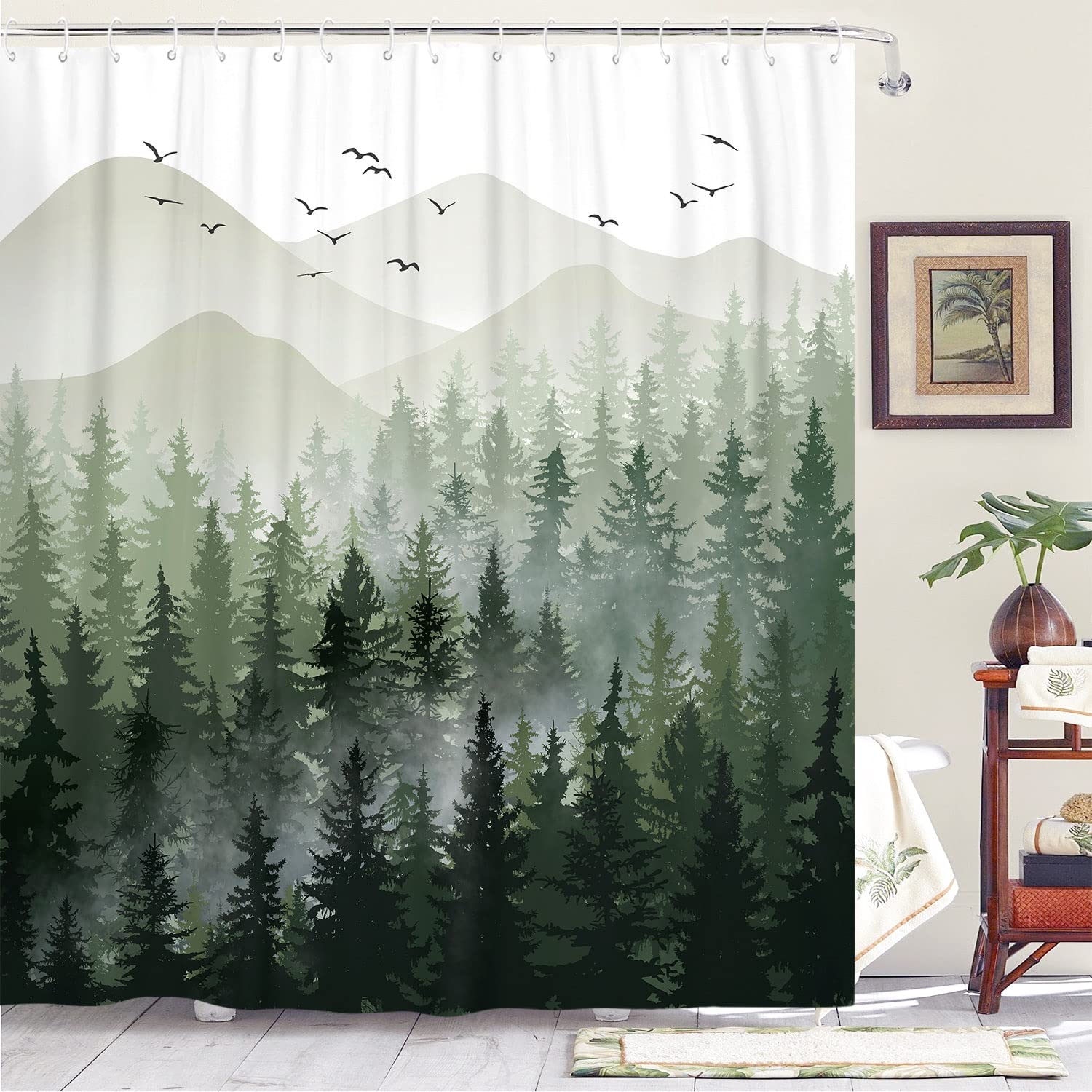 Accnicc 84 Inch Green Misty Forest Shower Curtain Set Ombre Sage Green White Waterproof Fabric Shower Curtains Nature Tree Mount