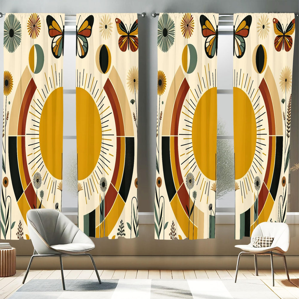 Ambesonne Mid Century Modern Window Curtains Pack of 2, Bohemian Details of Geometric Sun Butterfly and Leafy Floral, Lightweigh