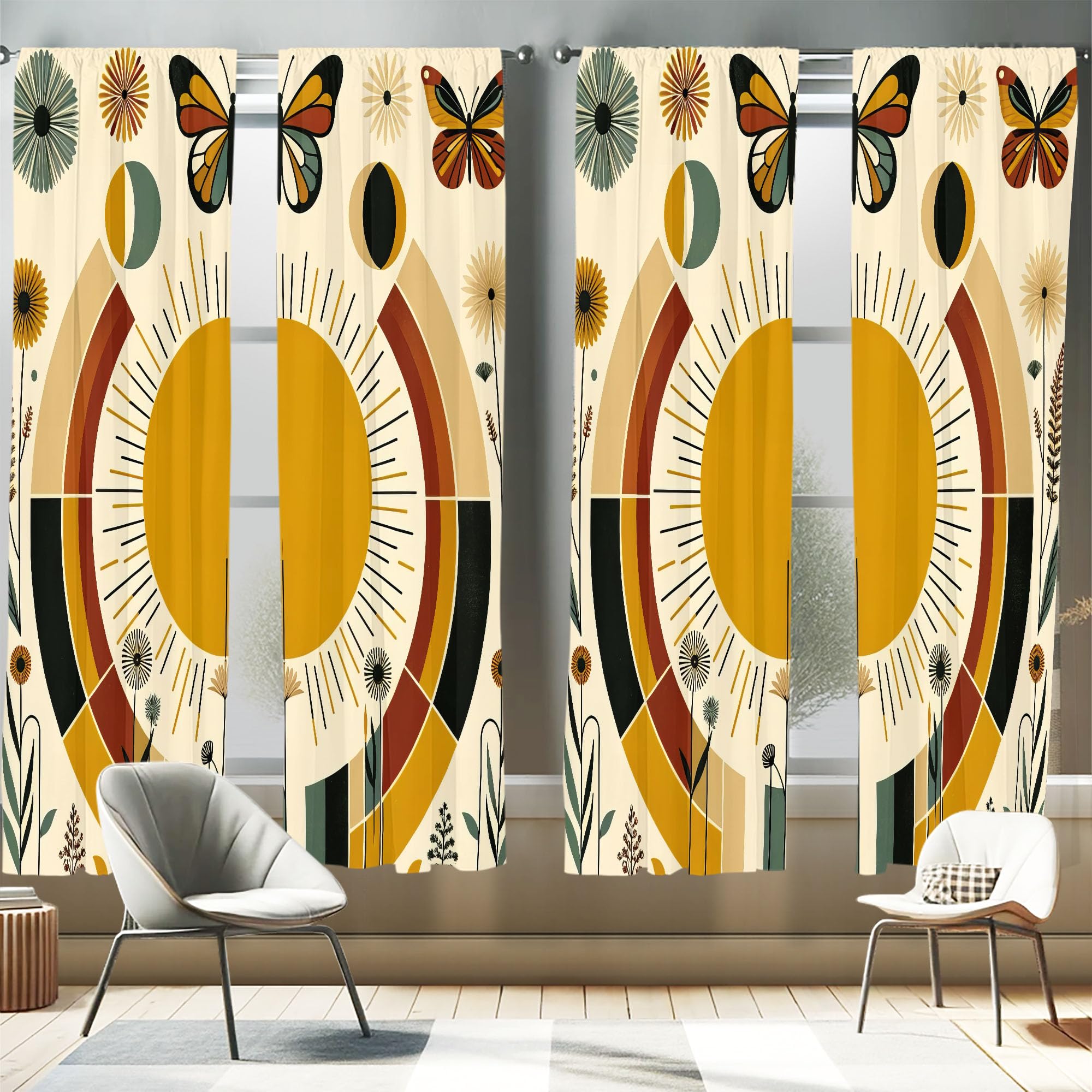 Ambesonne Mid Century Modern Window Curtains Pack of 2, Bohemian Details of Geometric Sun Butterfly and Leafy Floral, Lightweigh