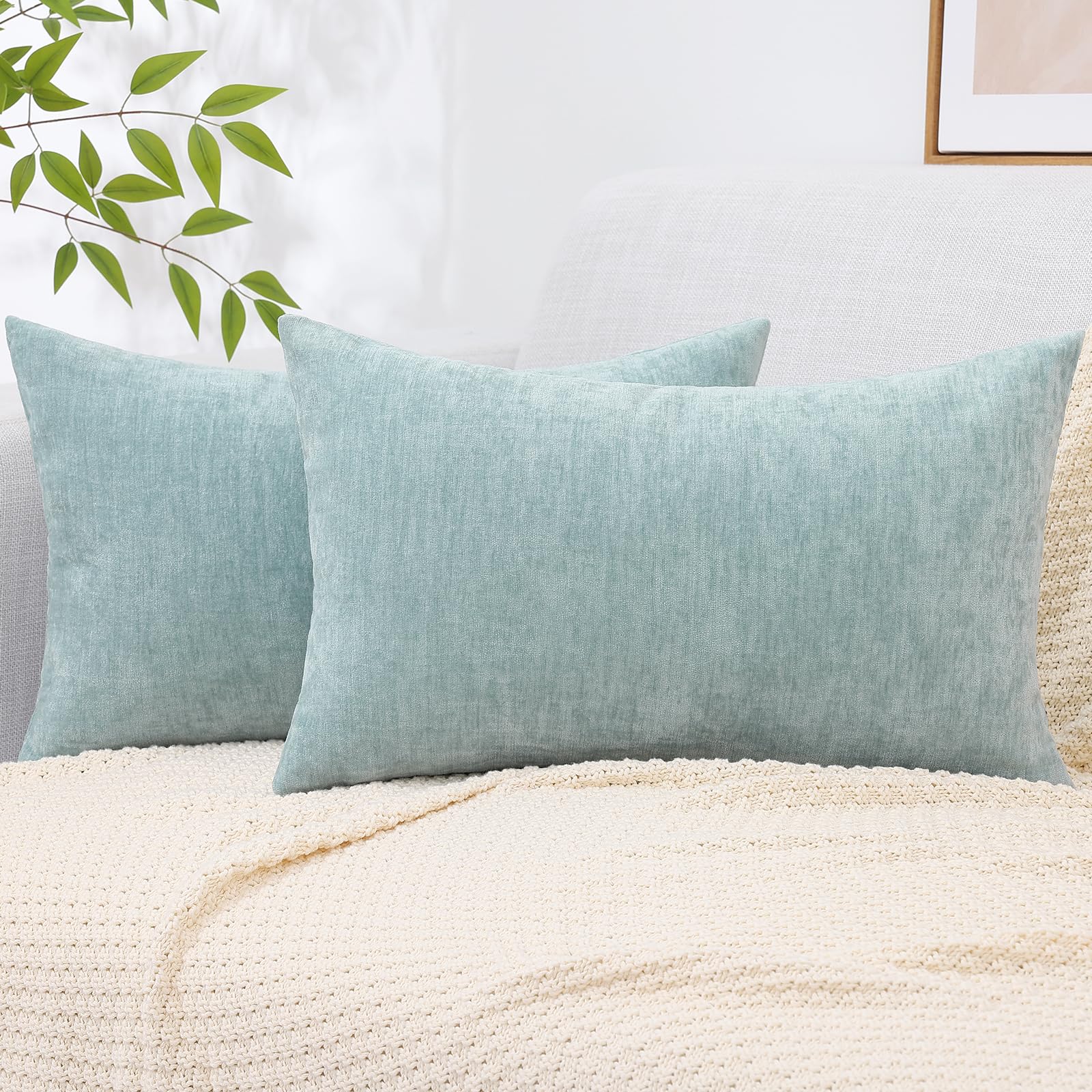 Decoruhome Couch Throw Pillow Covers 12X20 Set Of 2, Decorative Soft Chenille Solid Dyed Lumbar Spring Pillow Covers For Sofa Bed Living Room, Aqua Haze