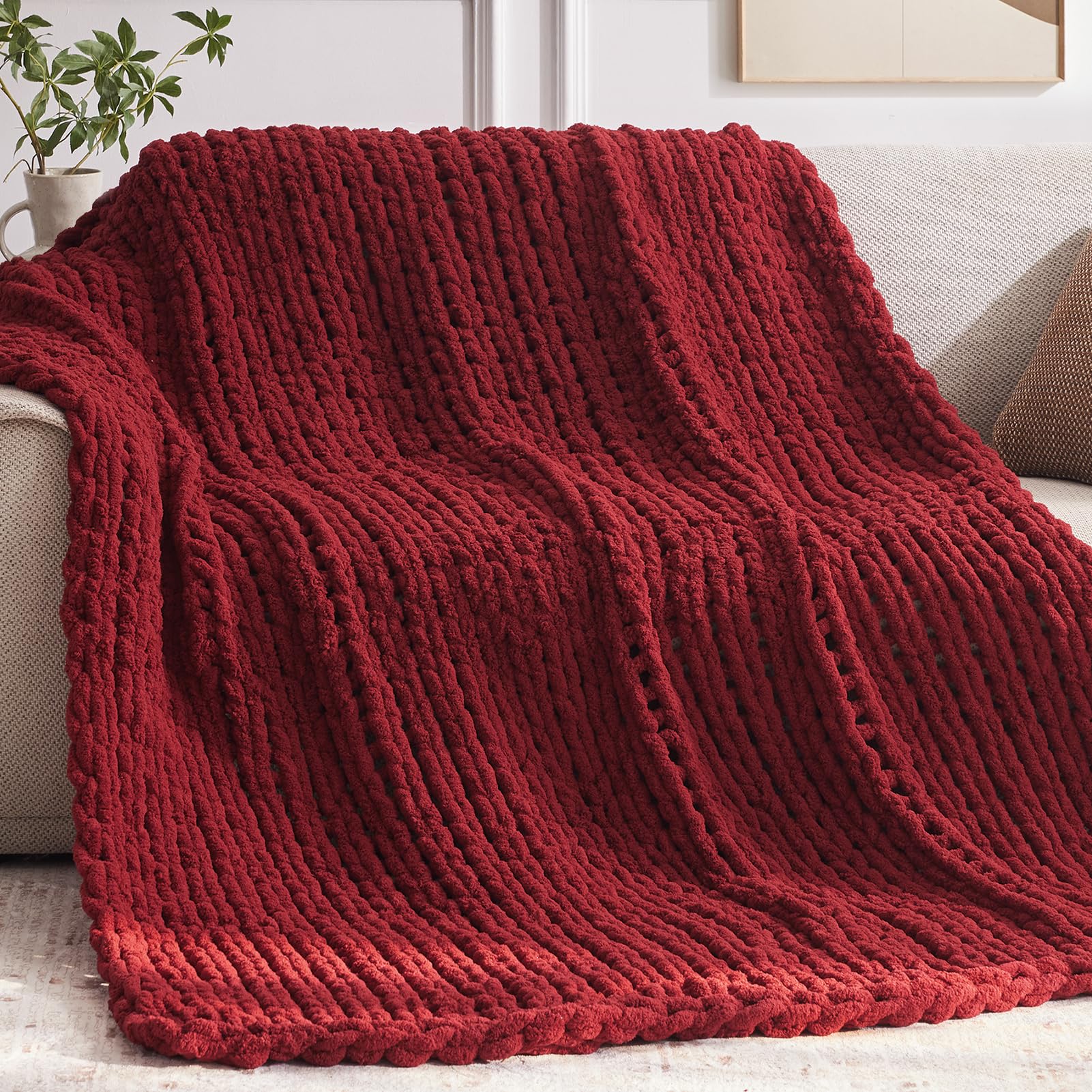 Negwoo Chunky Knit Throw Blanket, 50'*60' Knitted Throw Blankets For Bed Couch, Handmade Thick Red Crochet Blanket Big Thich B