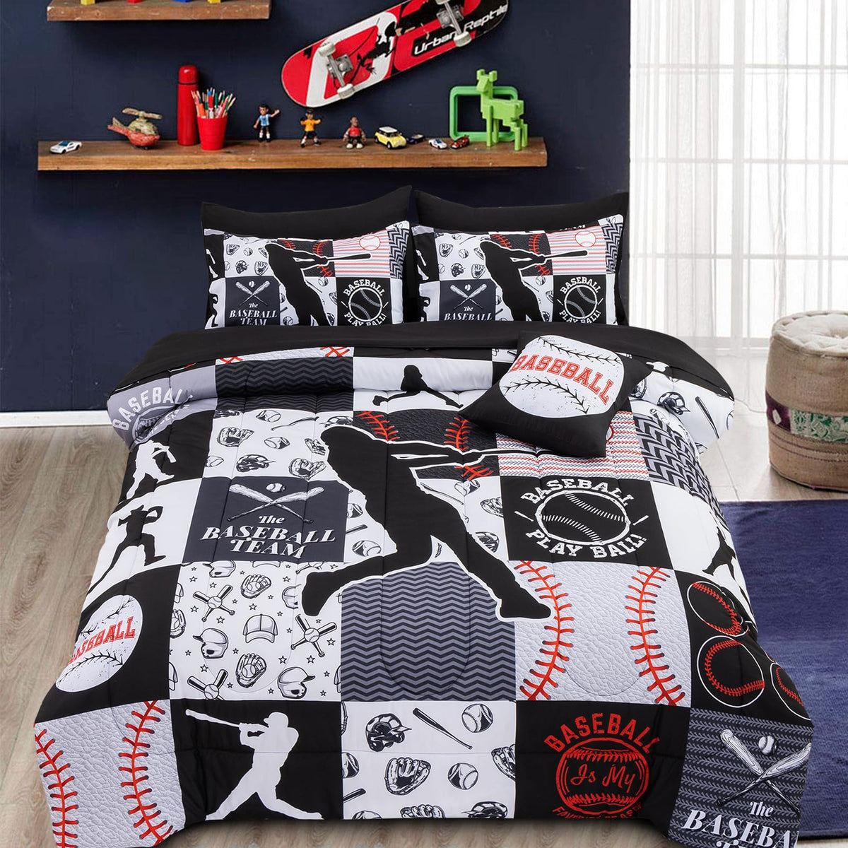 A Nice Night Sports Geometric Grid Black Patchwork Baseball Printed For Boys Full 6Pcs Bed In A Bag Comforter Bedding Set,Black