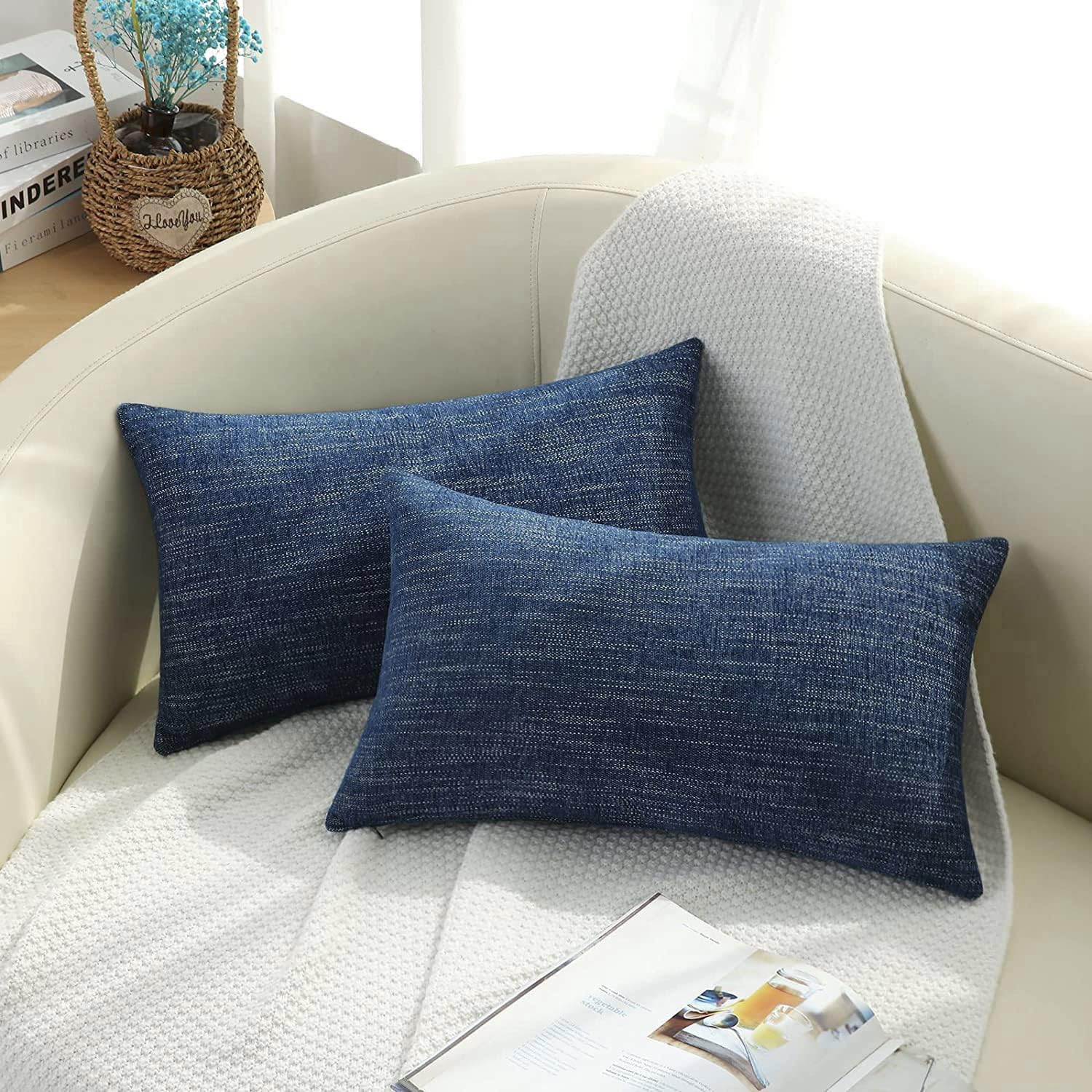 Decoruhome Decorative Throw Pillow Covers 12X20 Set Of 2, Lumbar Farmhouse Pillow Covers, Chenille Soft Pillow Covers For Couch Sofa Bed, Navy Blue