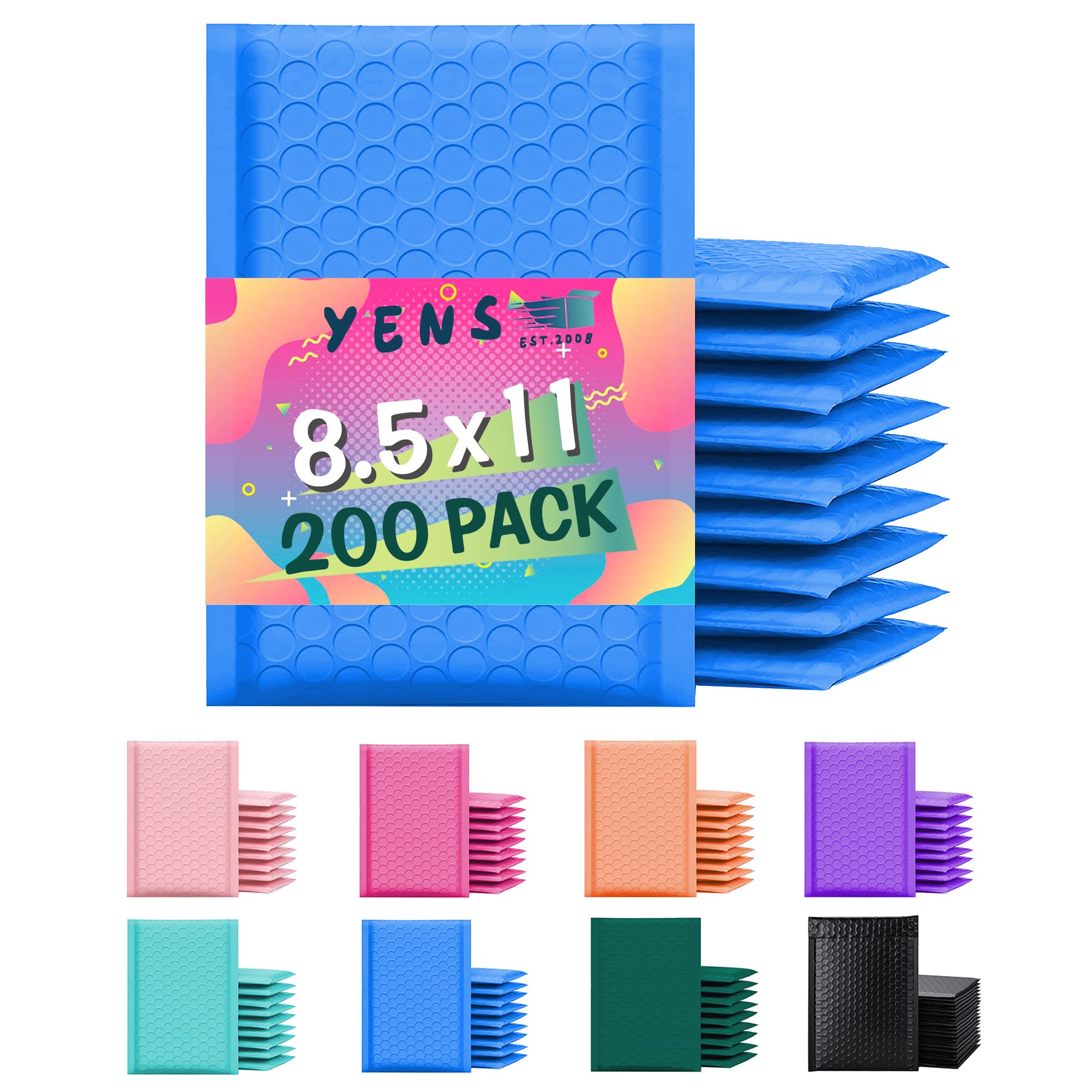 Yens Poly Bubble Mailers 8.5X12 200 Pack Blue Waterproof Self Seal Adhesive Shipping Bags, Cushioning Padded Envelopes For Shipp