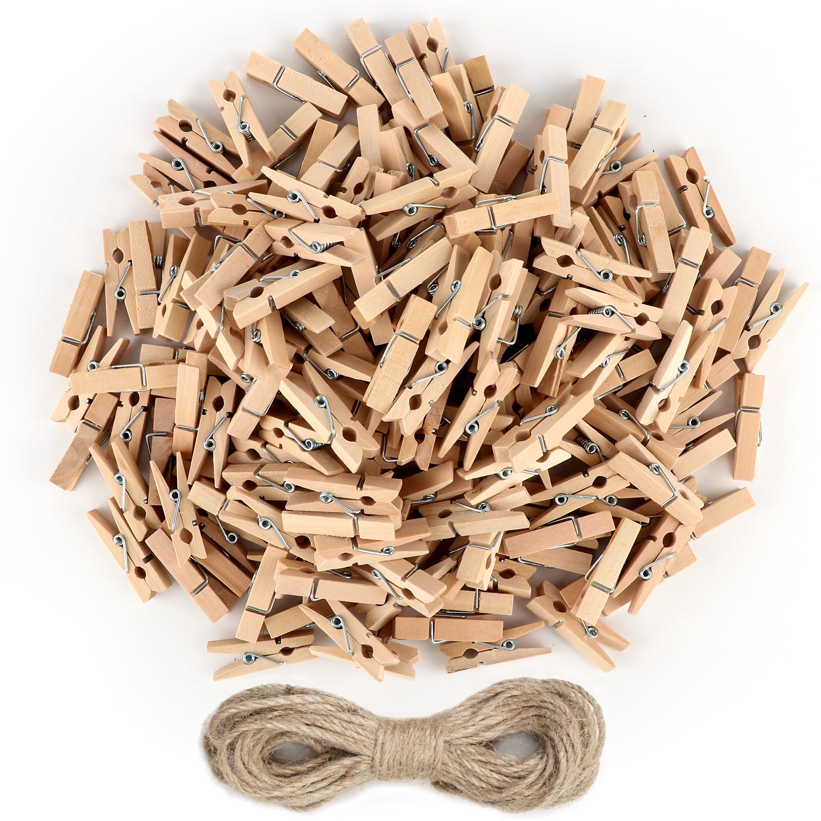 Mini Clothespins, 200 Pcs 1.4 Inch Mini Clothespins for Photos with 10m Jute Twine, Small Photo Clips Mini Clothes Pins Wooden, 
