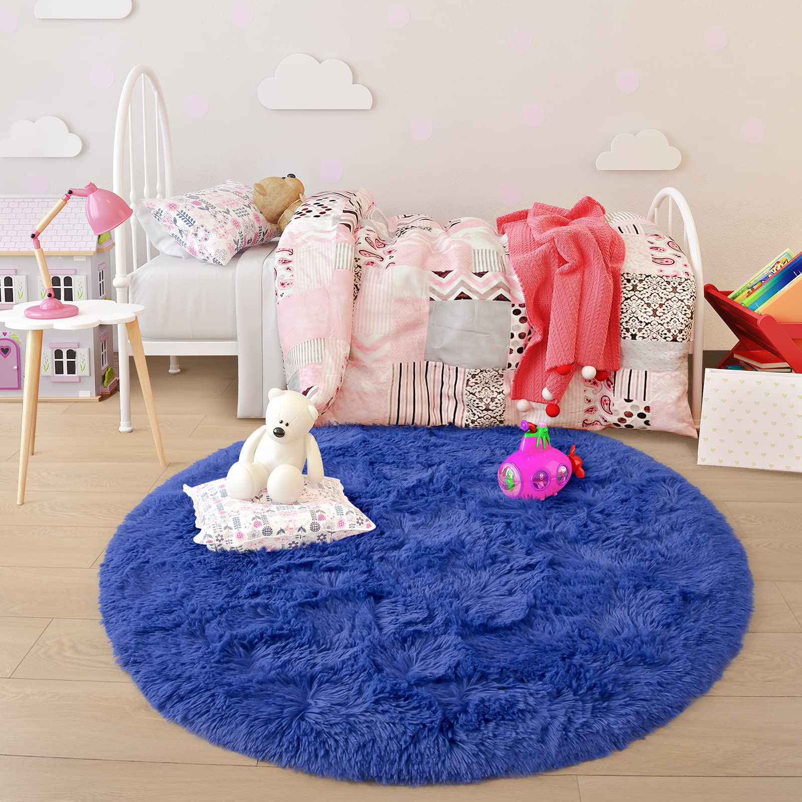 Junovo Rug 4X4 Feet, Light Navy, Fluffy Soft Area Rugs For Kids Girls Room Princess Castle Plush Shaggy Carpet, Circular Home De
