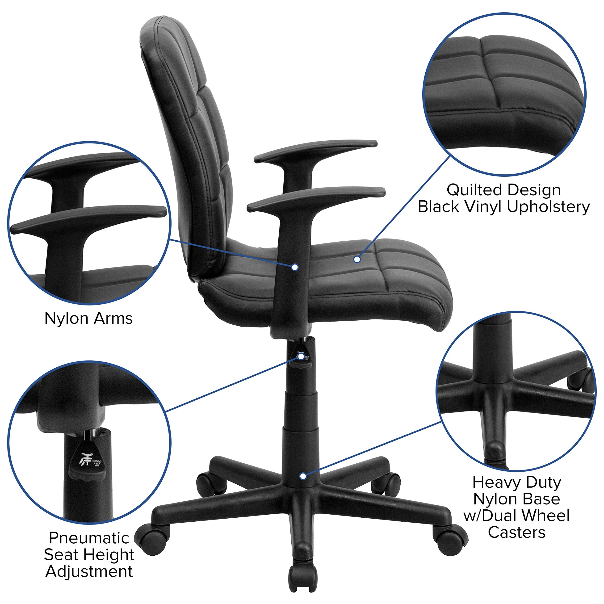Flash Furniture Clayton Mid-Back Black Quilted Vinyl Swivel Task Office Chair with Arms