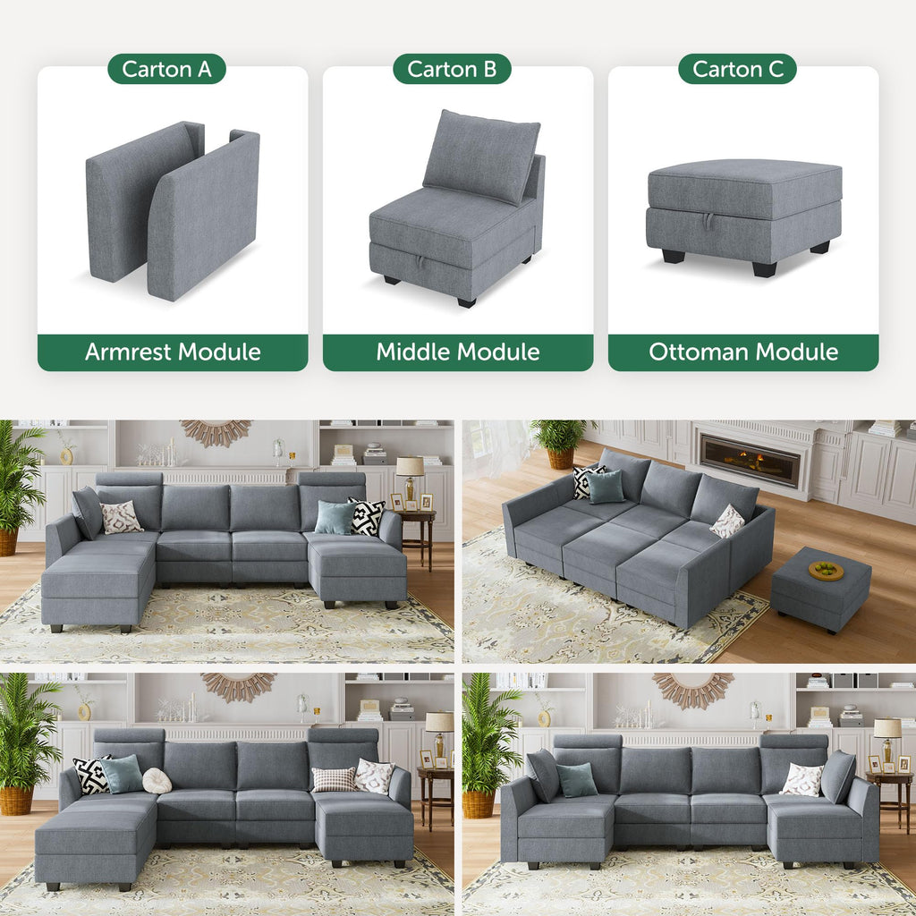 Honbay Modular Sectional Sofa Reversible Modular Sleeper Sectional Sofa With Storage, Modular Couch For Living Room, Bluish Grey
