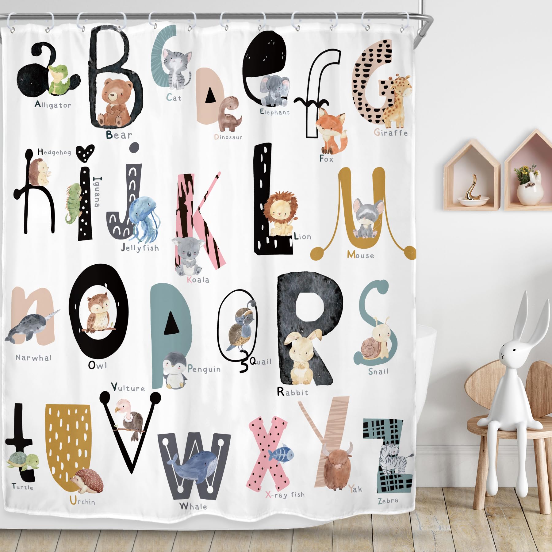 Riyidecor Kids ABC Learning Alphabet Shower Curtain for Bathroom Decor 60Wx72H Educational Study Boys Baby Children Funny Large 