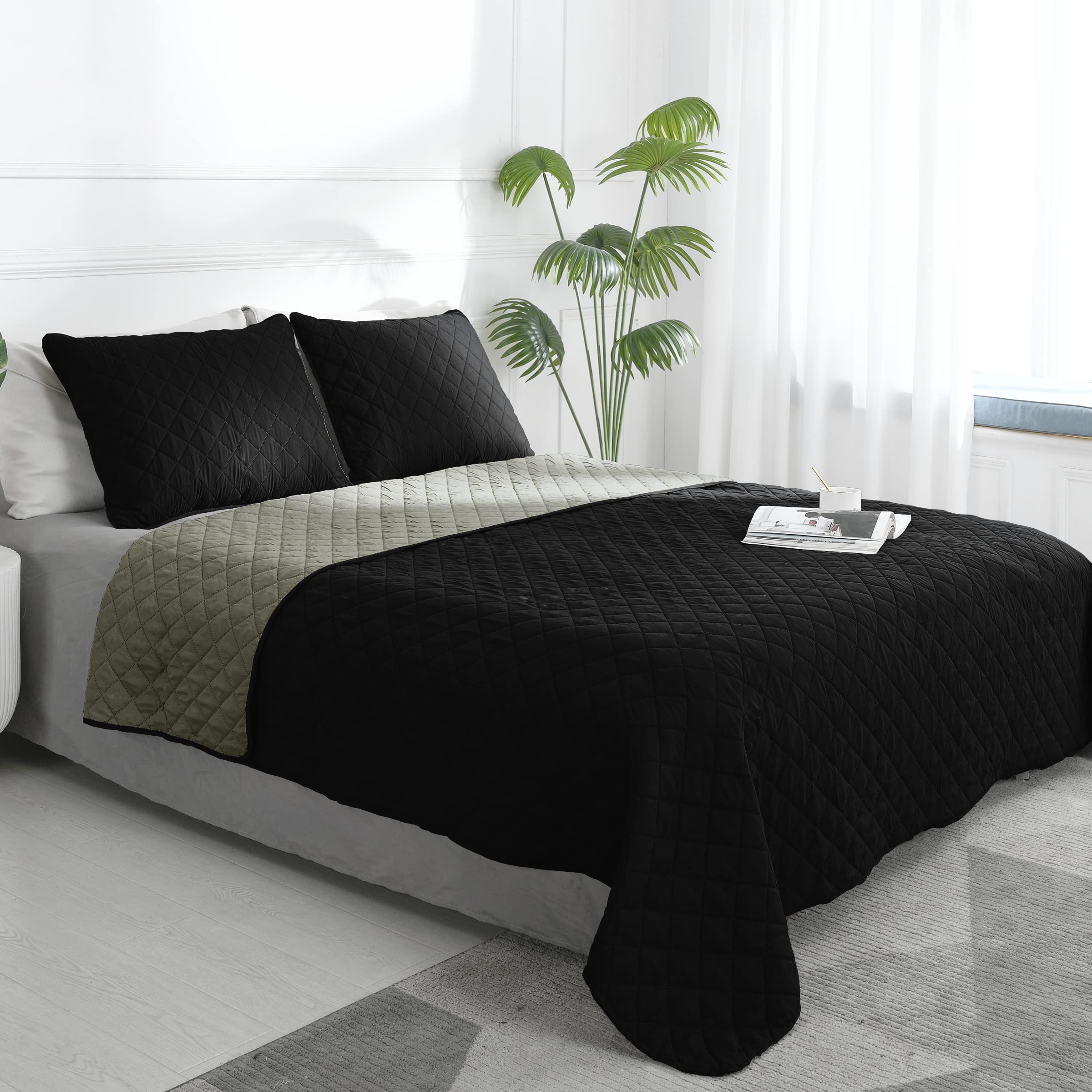 Easy-Going Twin Size Reversible Quilt Set With 1 Quilt And 1 Pillow Shams, Soft Bed Quilt Cover, Water Resistant Lightweight Microfiber Bedspread, Stain Resistant, Black/Beige