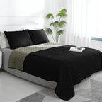 Easy-Going King Size Reversible Quilt Set With 1 Quilt And 2 Pillow Shams, Soft Bed Quilt Cover, Water Resistant Lightweight Microfiber Bedspread, Stain Resistant, Black/Beige