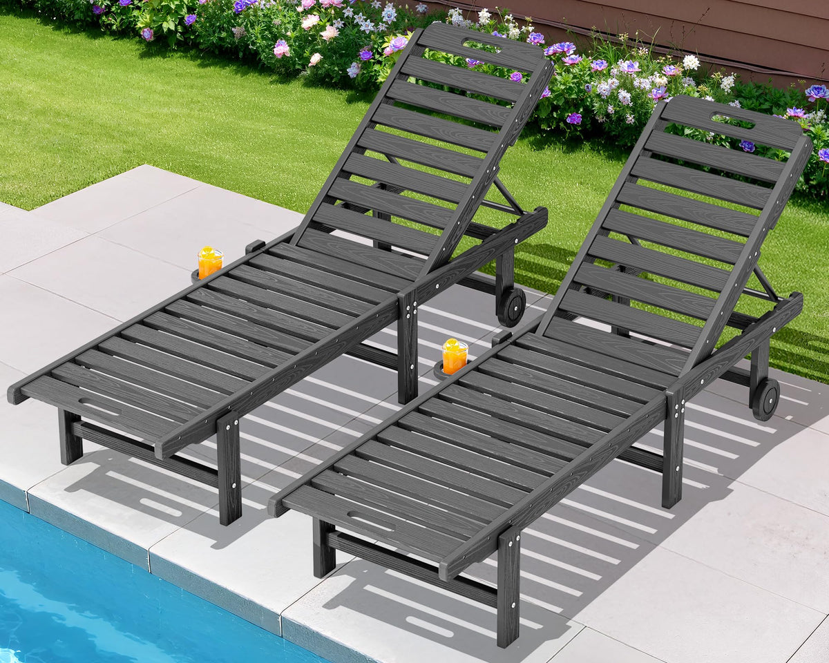 Serwall Patio Lounge Chair Set Of 2, Hdpe Outdoor Lounge Chair With Cup Holder, 5 Positions Adjustable Poolside Chaise Lounge Wi