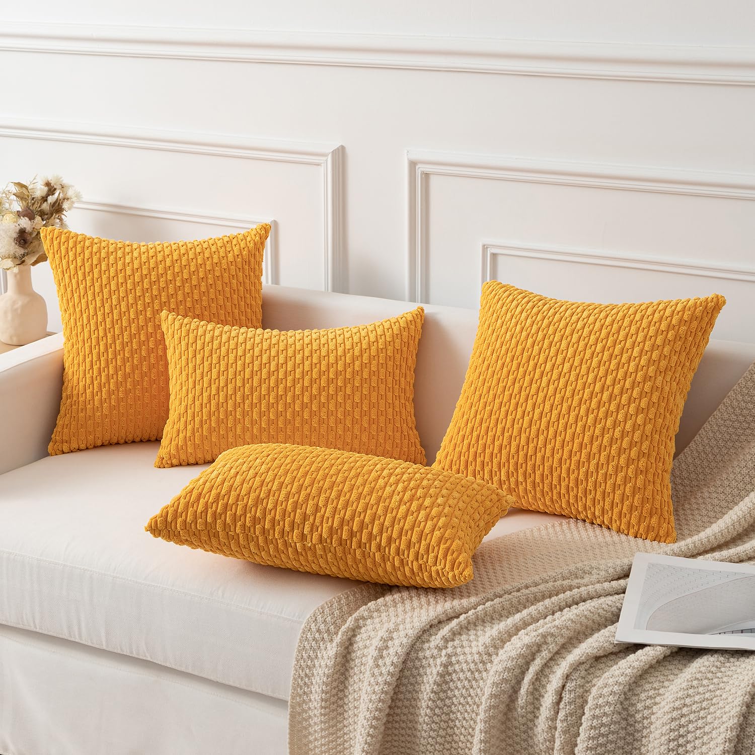 Kevin Textile 2 Packs Yellow Euro Farmhouse Decorative Throw Pillow Covers 26X26 Inch For Living Room Couch Bed Sofa Rustic Boho Home Decor Soft Striped Corduroy Square Cushion Case 66X66 Cm