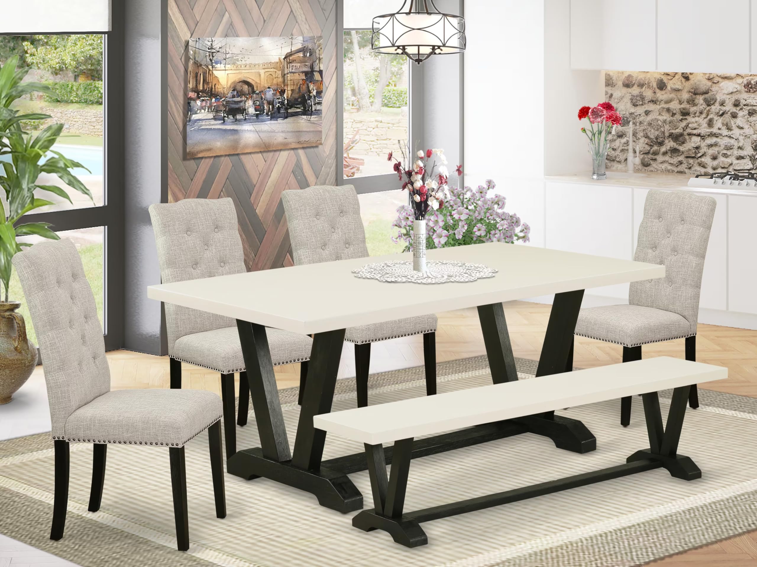 East West Furniture V627El635-6 6 Piece Dining Table Set Contains A Rectangle Dining Room Table With V-Legs And 4 Doeskin Linen Fabric Parson Chairs With A Bench, 40X72 Inch, Multi-Color