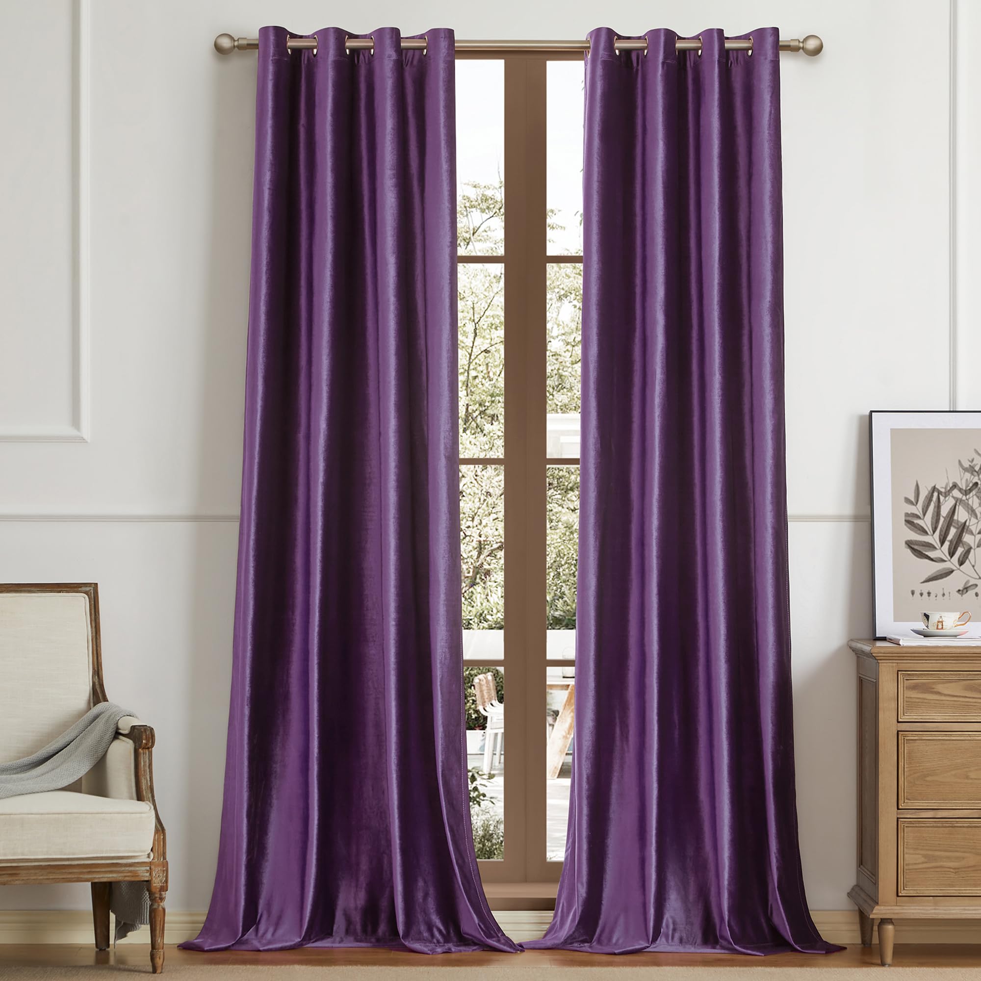 Bulbul Violet Velvet Curtains 96 Inch Length For Living Room Window Drapes Darkening Decor Grommet Curtains For Bedroom 2 Panels