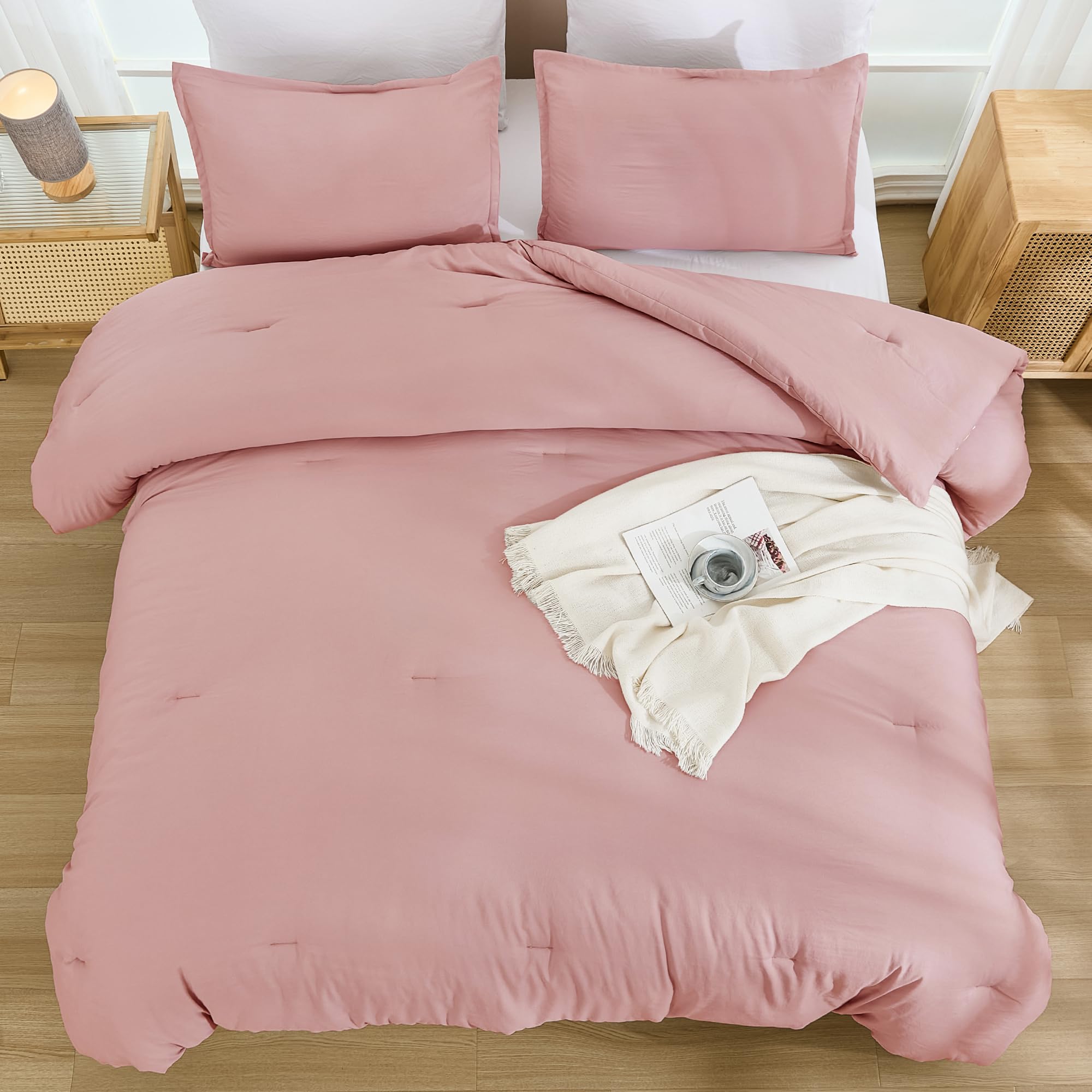 Andency Pink Comforter Set Queen Size - 7 Pieces Bed In A Bag Queen Bedding Comforter Sets, Summer Plain Soft Lightweight Comforter With Fitted Sheets, Flat Sheets, Pillowcases & Shams