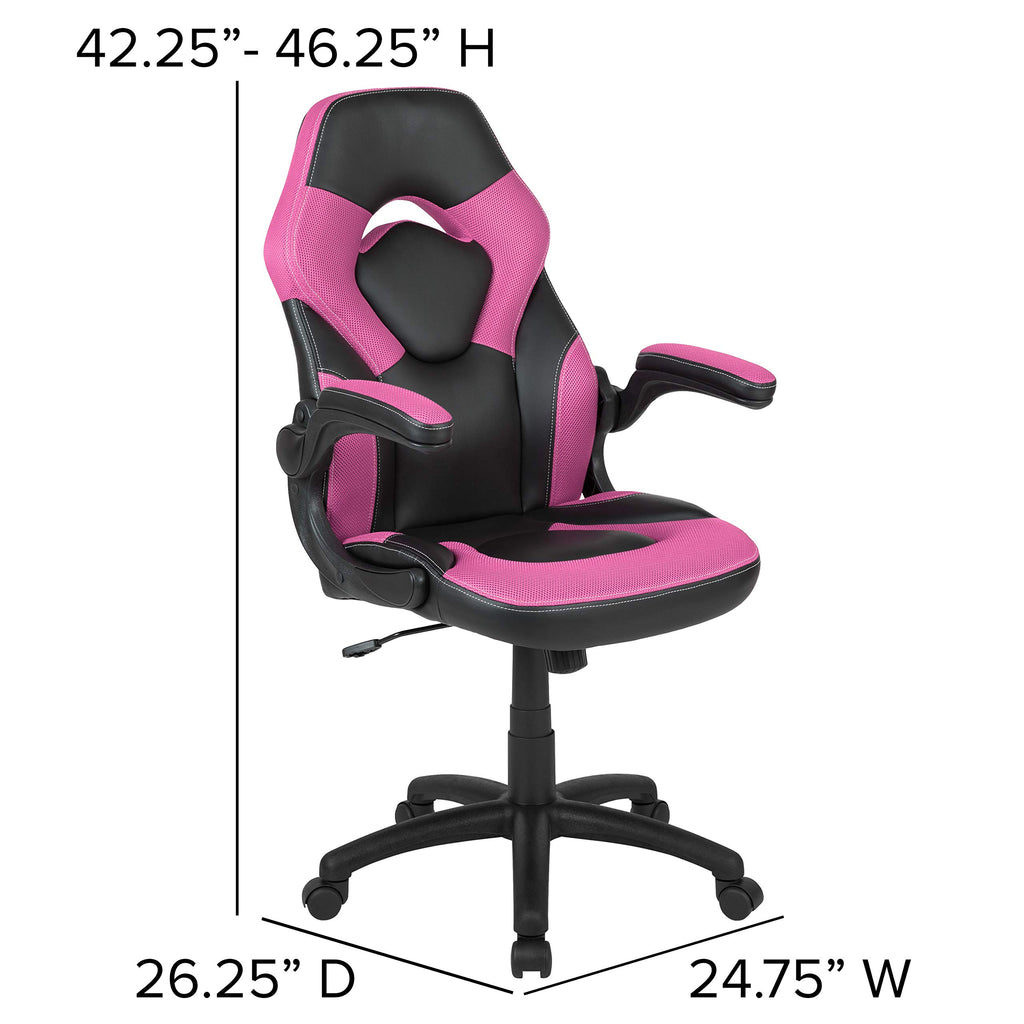 Flash Furniture X10 High-Back Leathersoft Racing Style Gaming Chair With Flip-Up Arms, Ergonomic Padded Swivel Computer Chair, Pink/Black
