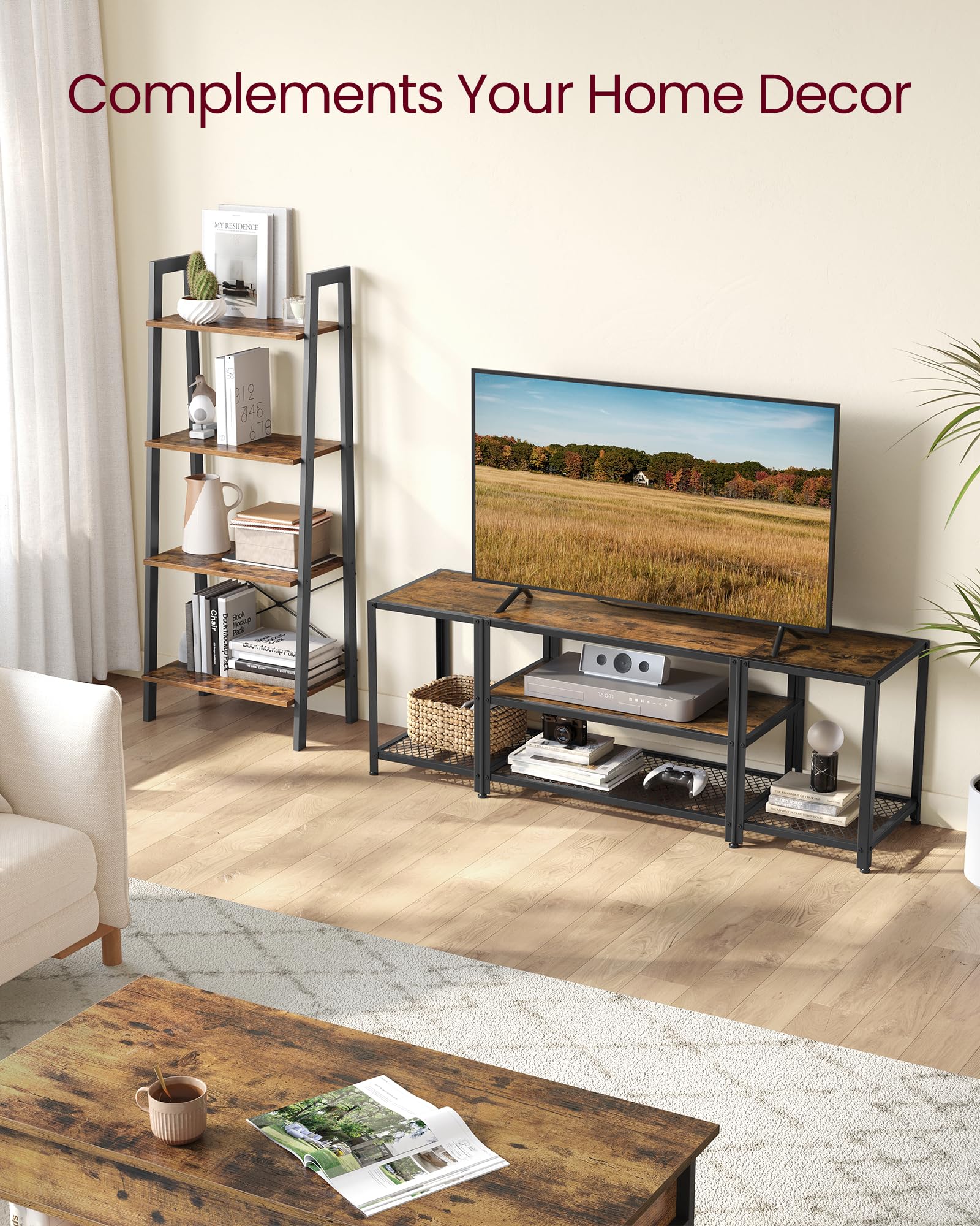 Vasagle Modern Tv Stand For Tvs Up To 65 Inches, 3-Tier Entertainment Center, Industrial Tv Console Table With Open Storage Shelves, For Living Room, Bedroom, Rustic Brown And Black Ultv097B01